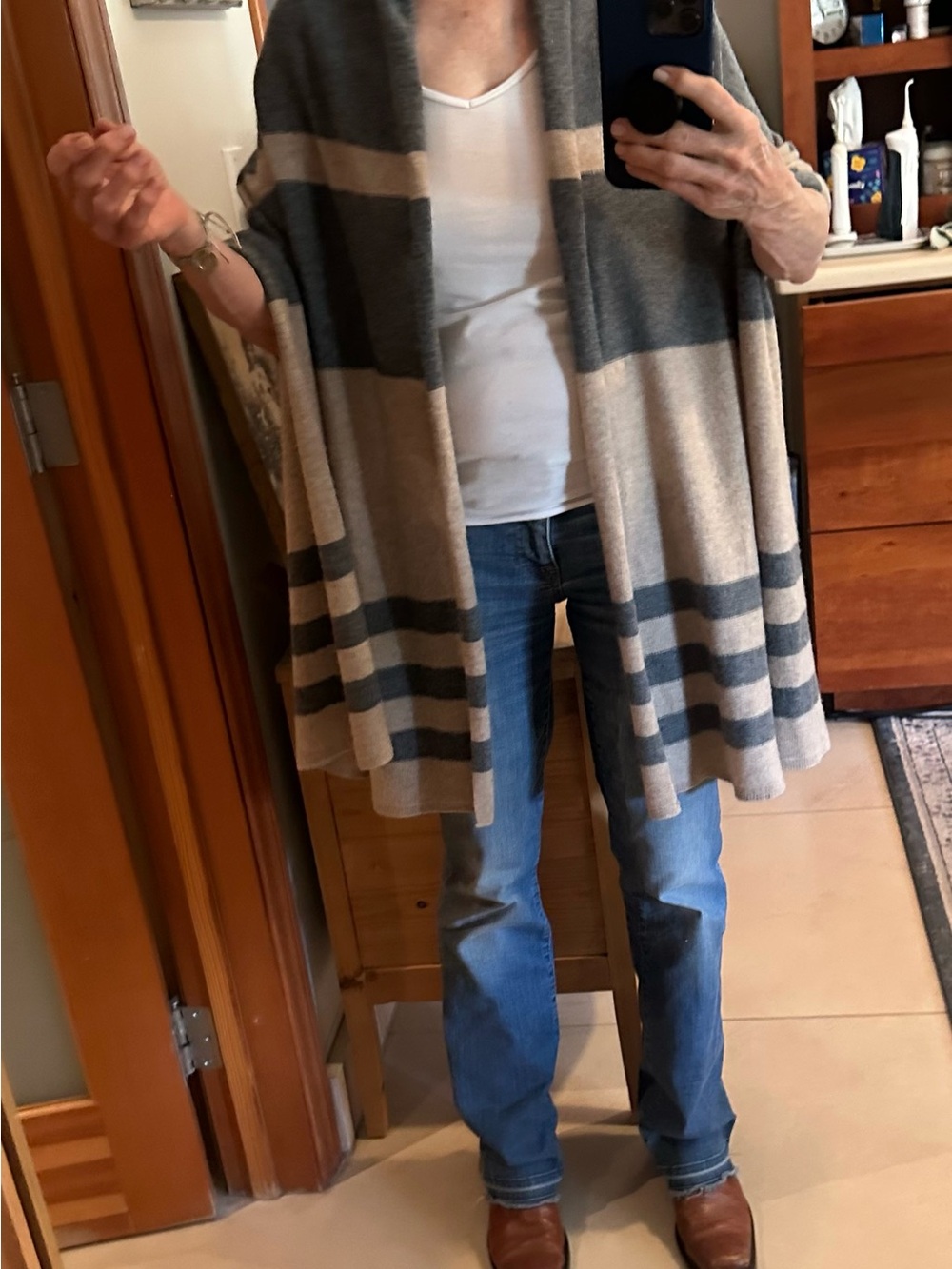 Cozy Striped Poncho Shrug in Beige and Charcoal